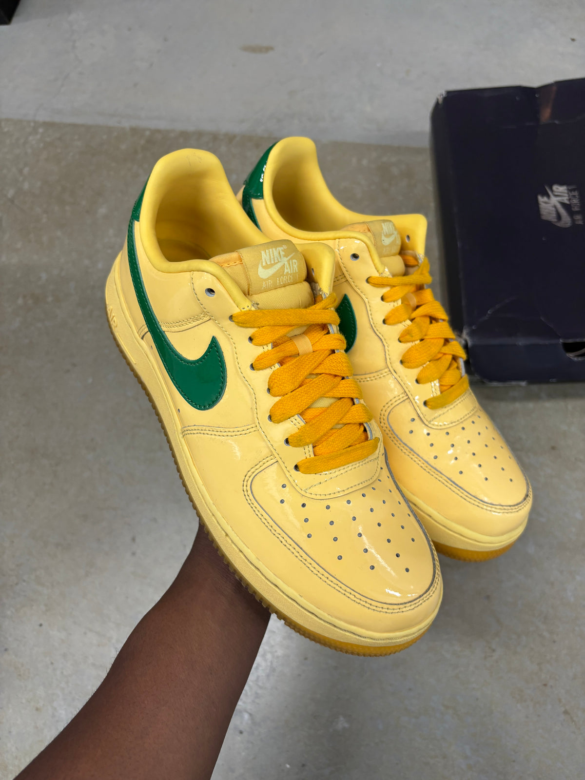 Size 10 - Nike Patent Air Force 1 Low Topaz Gold Pine Green