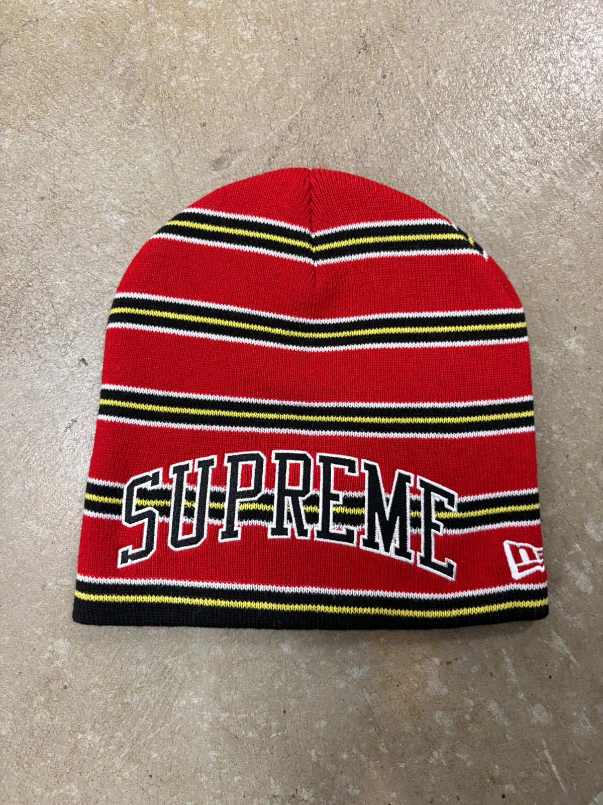 Supreme New Era Stripe Beanie Red