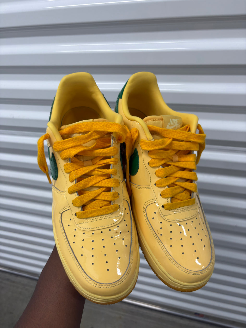 Size 10 -  Nike Patent Air Force 1 Low Topaz Gold Pine Green