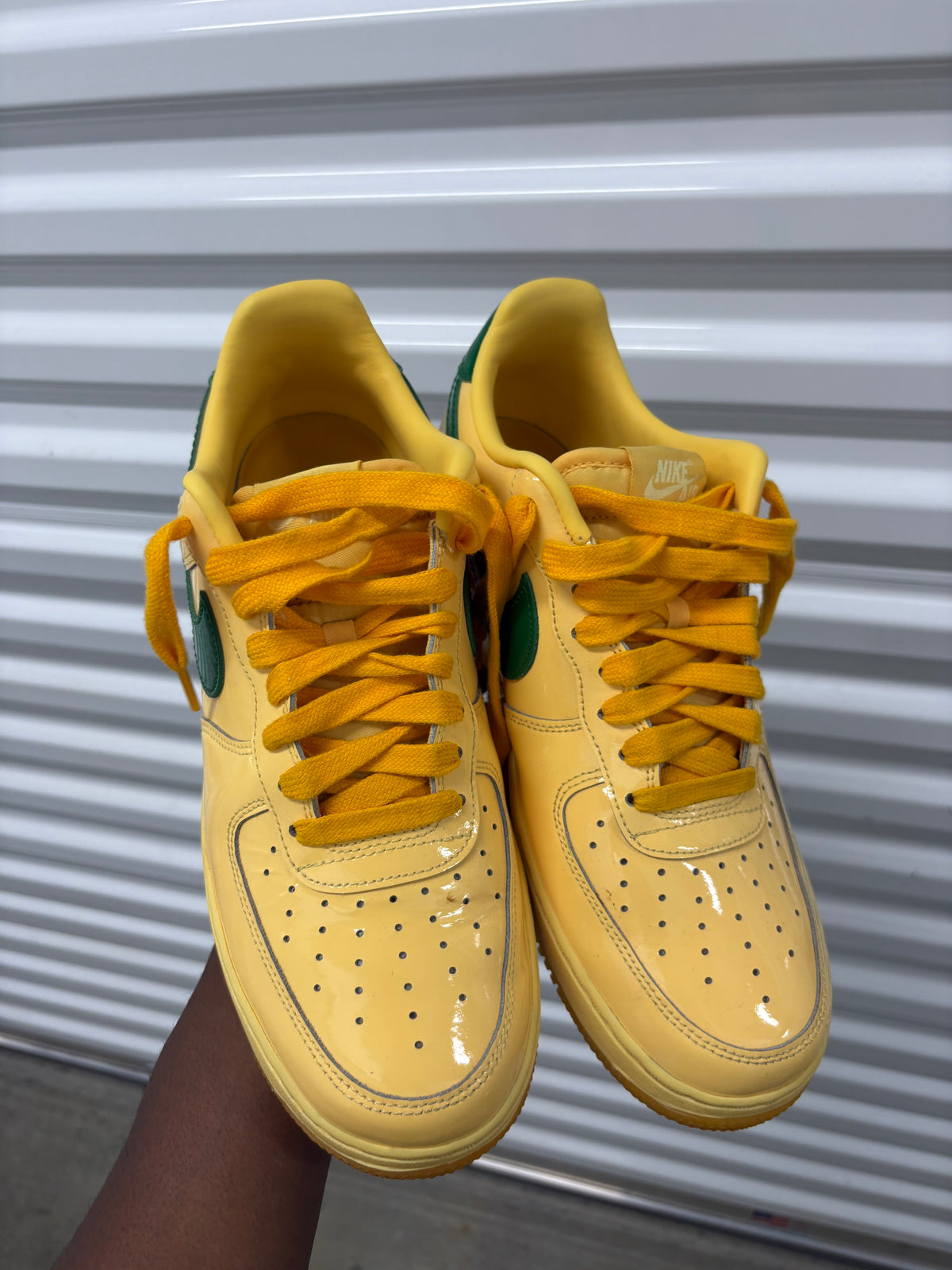 Size 10 -  Nike Patent Air Force 1 Low Topaz Gold Pine Green